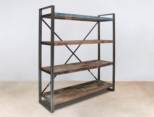 bibliothèque 160cm avec 4 plateaux en bois recyclés de bateaux – détails bibliothèque 160cm avec 4 plateaux en bois recyclés de bateaux - détails