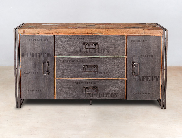 buffet 160cm en bois recyclés 3 tiroirs centraux 2portes samudra – détails buffet 160cm en bois recyclés 3 tiroirs centraux 2portes samudra - détails