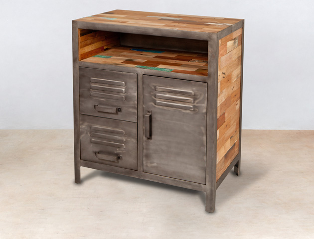 buffet 1 niche en bois recyclés de bateaux 1 porte 2 tiroirs métal – détails buffet 1 niche en bois recyclés de bateaux 1 porte 2 tiroirs métal - détails