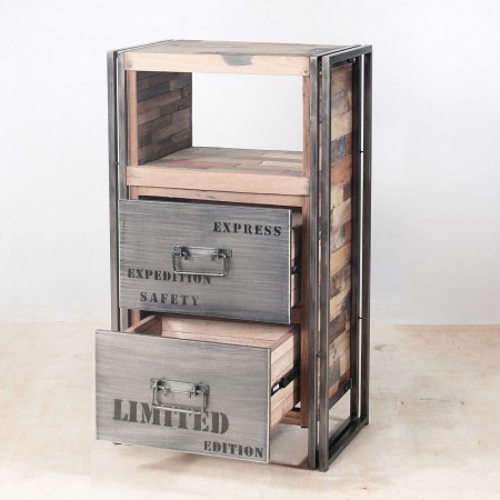 meuble de rangement en bois recyclés avec 2 tiroirs métal - perspective