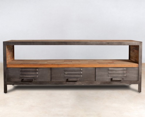 meuble TV 1 niche en bois recyclés 3 tiroirs métal - détails