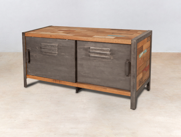 Meuble Tv Bois Portes Coulissantes : Meuble Tv 120cm En Bois Recyclés 2 Portes Métal Coulissantes Meuble Tv Bois Portes Coulissantes : Meuble Tv 120cm En Bois Recyclés 2 Portes Métal Coulissantes