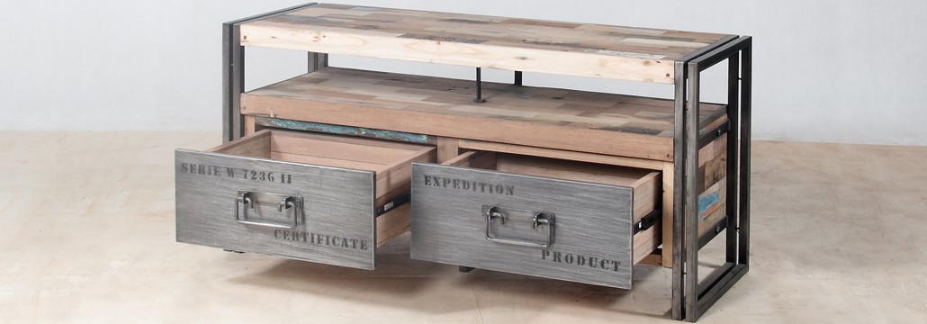 Meuble TV en bois recyclés de bateaux 2 tiroirs métal - perspective