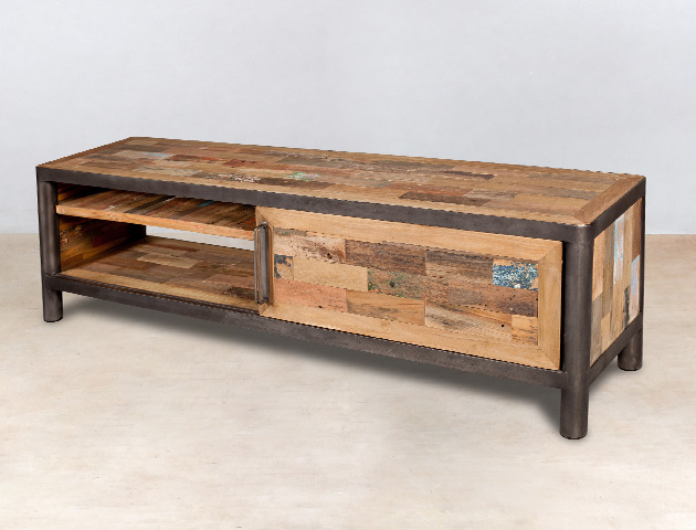 meuble TV en bois recyclés avec 2 étagères et 1 porte coulissante – détails meuble TV en bois recyclés avec 2 étagères et 1 porte coulissante - détails