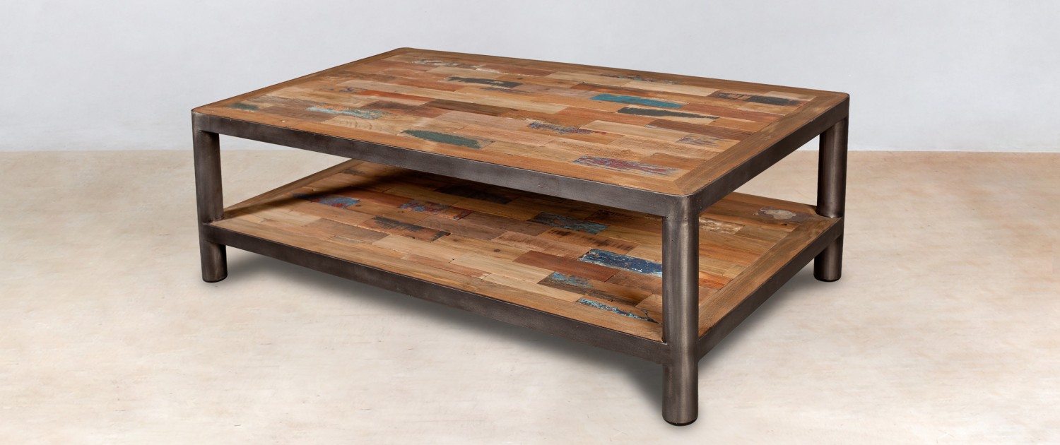 table basse 2 plateaux en bois recyclés 120cm