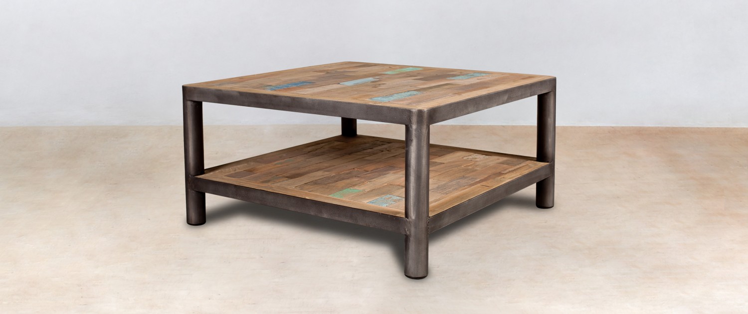 table basse carrée 2 plateaux en bois recyclés - 80cm