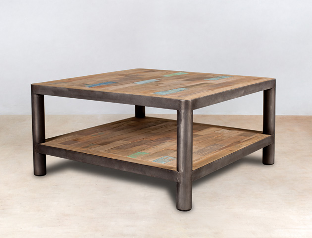 table basse carrée 2 plateaux en bois recyclés 80cm - détails