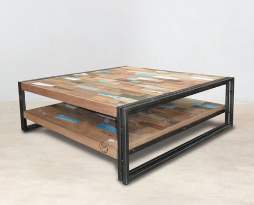 table basse carrée double-plateau - 100cm en bois recyclés de bateaux - détails