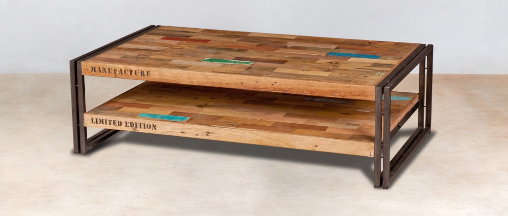 table basse 2 plateaux en bois recyclés de bateaux - 120x70cm