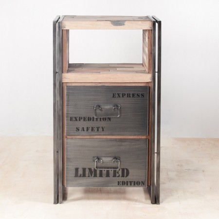 meuble de rangement en bois recyclés avec 2 tiroirs métal - face