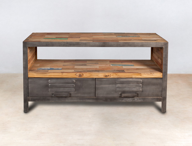 meuble TV 1 niche en bois recyclés et 2 tiroirs - détails