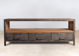 meuble TV 1 niche en bois recyclés 3 tiroirs métal - détails