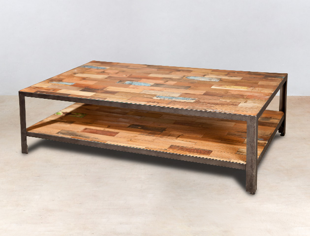 table basse 2 plateaux en bois recyclés INDUS 120cm - détails