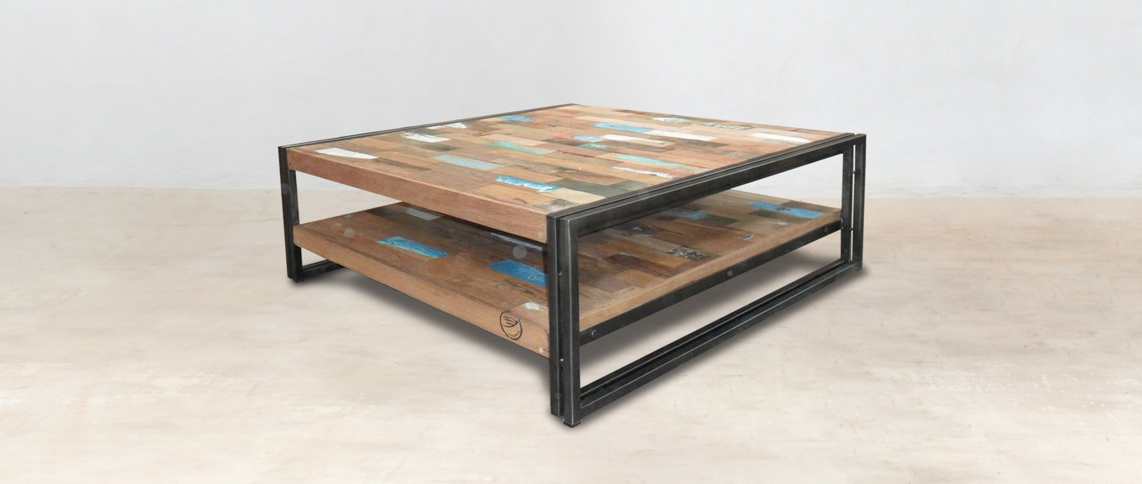 table basse carrée double-plateau - 100cm en bois recyclés de bateaux