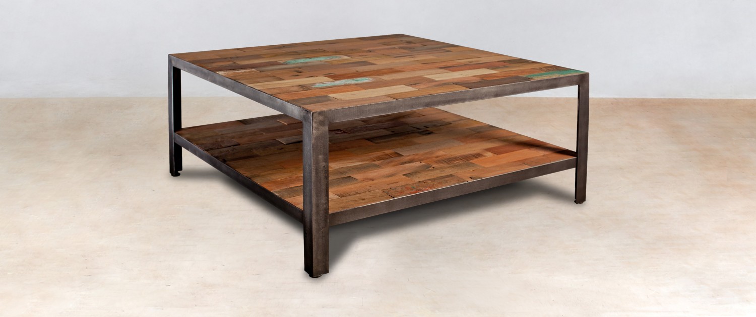 table basse carrée double plateau en bois recyclés 80cm