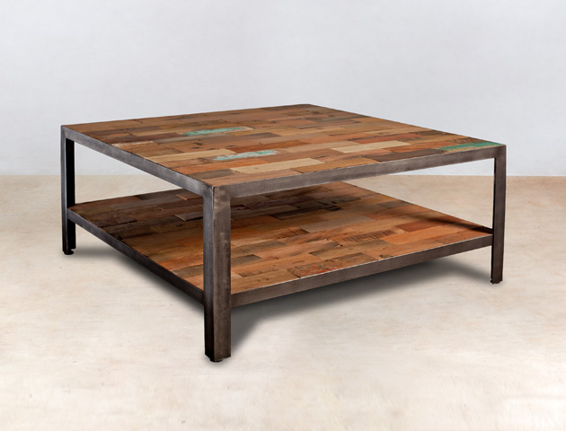 table basse carrée double plateau en bois recyclés 80cm - détails