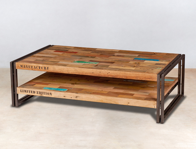 table basse 2 plateaux en bois recyclés de bateaux - 120x70cm - détails